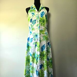 Vintage Dress Flower Button Front Classic Retro Sleeveless Collared Maxi 4/6